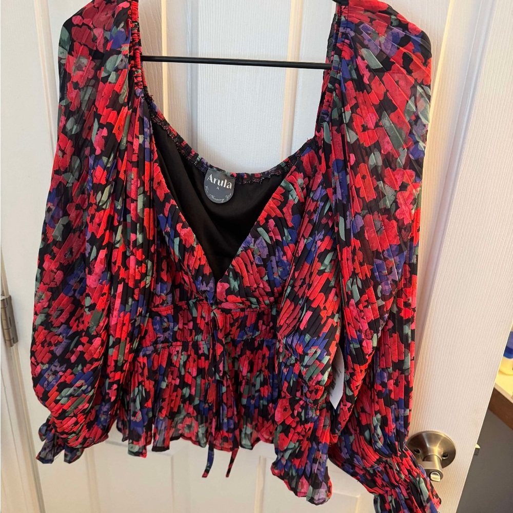 Aratta Red and Blue Ruffled Long Sleeve Blouse